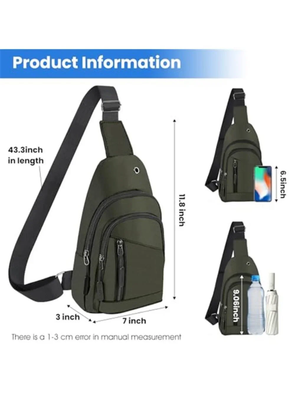 Olive Green Sling Bag Crossbody Chest Pack Lightweight Travel Shoulder Backpack